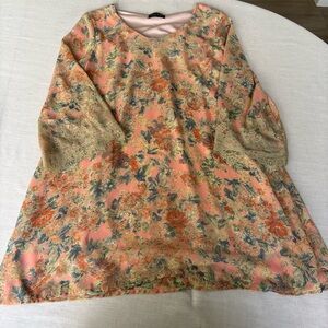 ASTR Peach Floral Lace Trim Bell Sleeve Mini Dress L | Boho Romantic